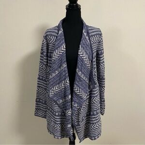 Lucky Brand Cardigan Women Size Medium Blue white Geo print Open front Cardigan